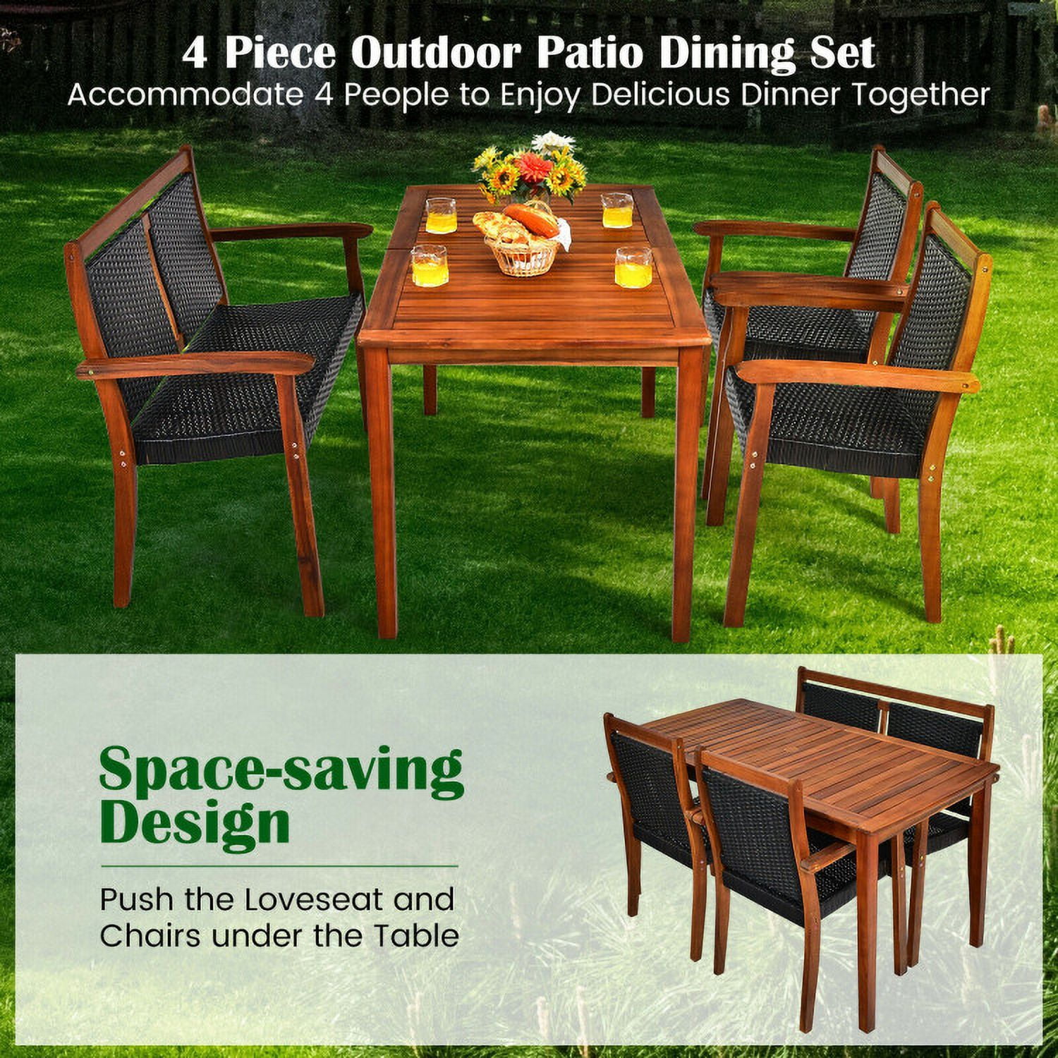 Aimee Lii 4 Pieces Acacia Wood Patio Rattan Dining Furniture Set, Outdoor Patio Furniture Aimee Lii 4 Pieces Acacia Wood Patio Rattan Dining Furniture Set, Outdoor Patio Furniture