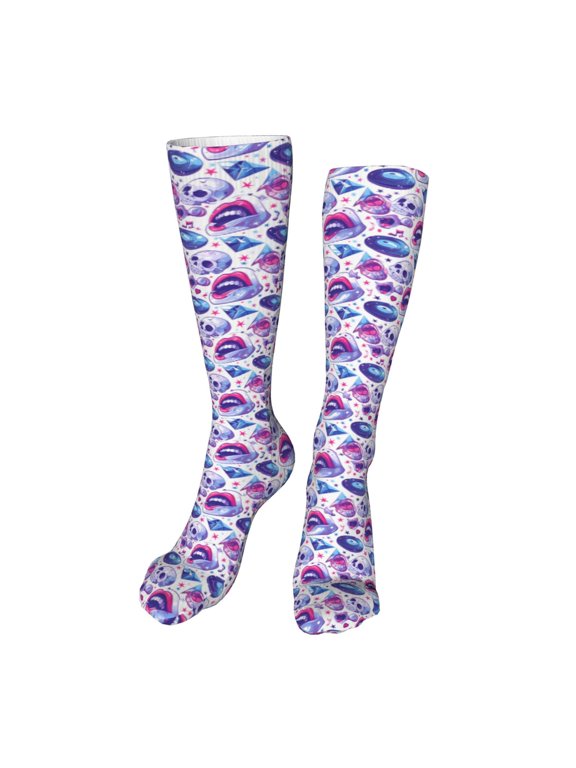 crystal Skull record lips Print Calf Socks Seamless Toe, Knee High Long Socks, Sports Socks Trouser Socks for Women and Men-One Size