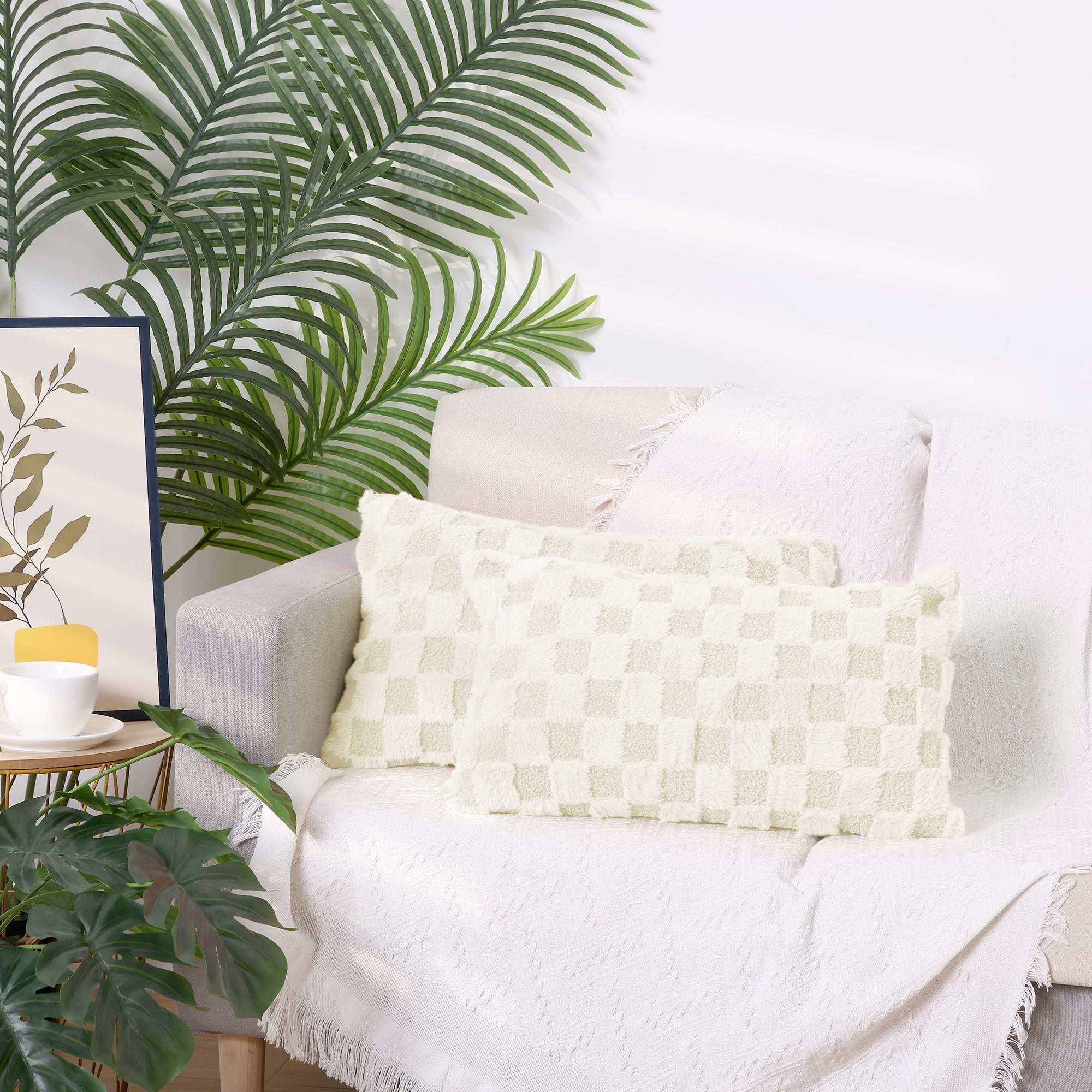 Unique Bargains Faux Fur Plaid Decorative Pillow Covers Square Pillowcase White 12" x 20"