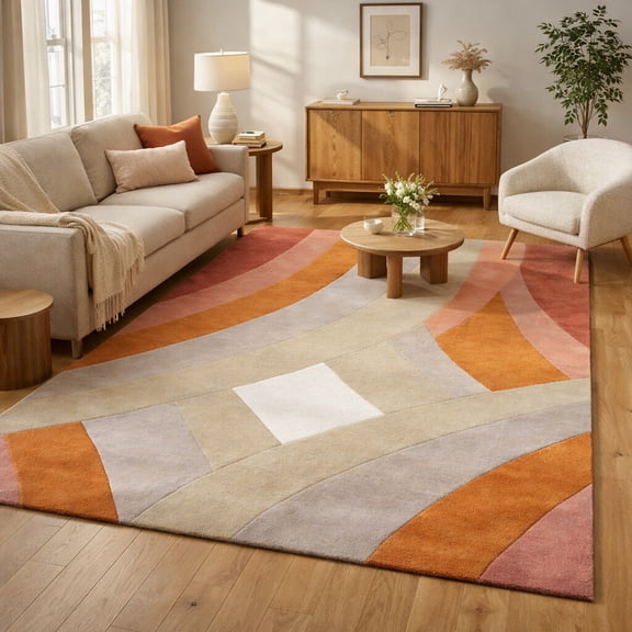 Wool Tufted Area Rug 5x7 – Geometric Carpet for Bedroom & Living Room | Soft Plush Natural Wool Rectangle Accent Floor Rug