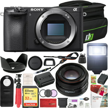 Sony a6500 4K Mirrorless Camera ILCE-6500/B Body Only with and Vivitar 50mm F2.0 Full Frame Prime Lens + Deco Gear Case Flash Remote & Filter Kit Pro
