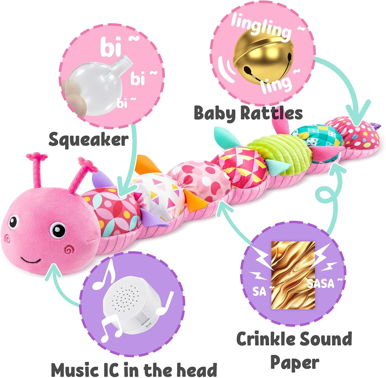BTEPSGA Baby Toys Musical Caterpillar,Infant Toys Stuffed Animal Toys with Ruler Design and Ring Bell,Baby Teething Toys for Tummy Time Newborn Boys Girls 0 3 6 12 Months