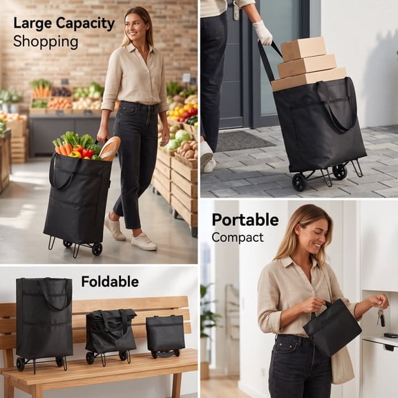 Foldable Shopping Cart with Wheels Portable Grocery Tote Utility Rolling Trolley for Supermarket, Laundry, Travel, and Everyday Errands