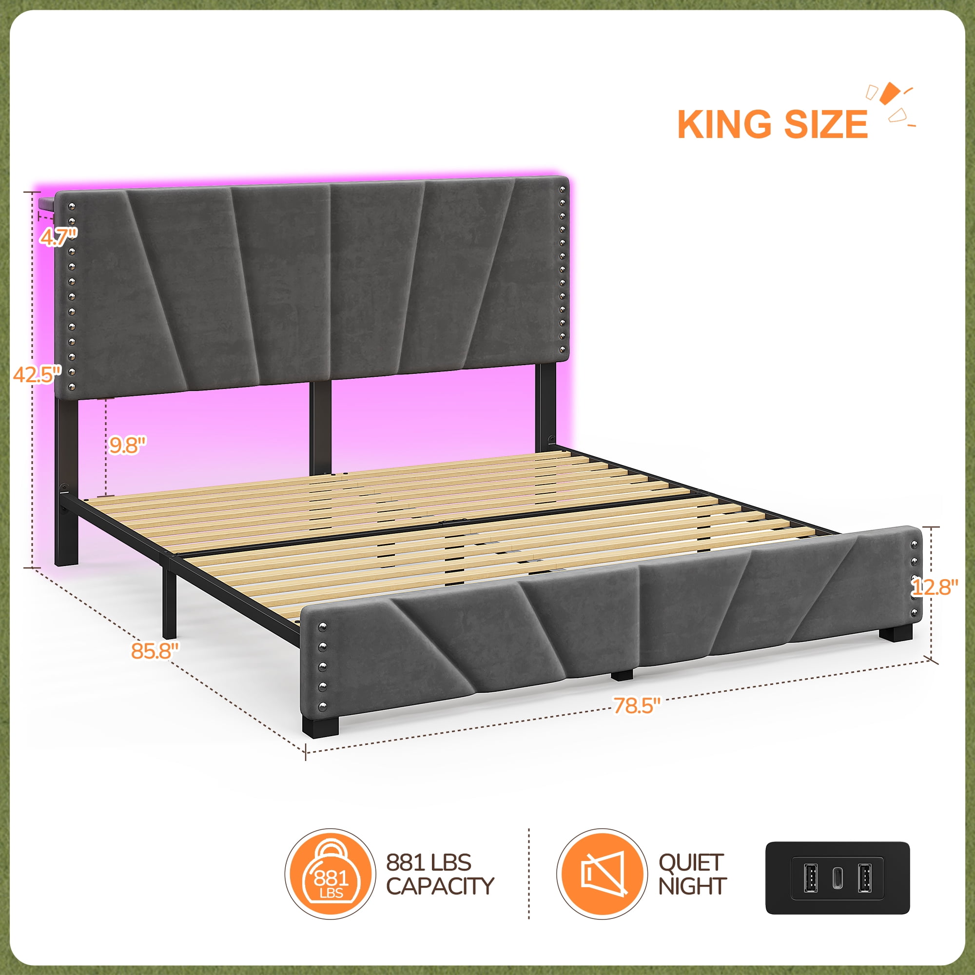 Romorgniz King Size Bed Frame with Underbed Storage Upholstered Bed Frame with Adjustable Headboard & LED Light & Charge Station ,Gray