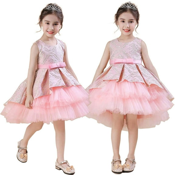 Flower Girls High Low Tulle Dress Sleeveless Jacquard Princess Birthday Wedding Gown for 2-8Y