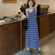 thumbnail image 1 of Vestido de punto a rayas con tirantes finos para mujer, moda coreana, cuello en V, largo, ropa de calle, sin mangas, midi, 2024, 1 of 6