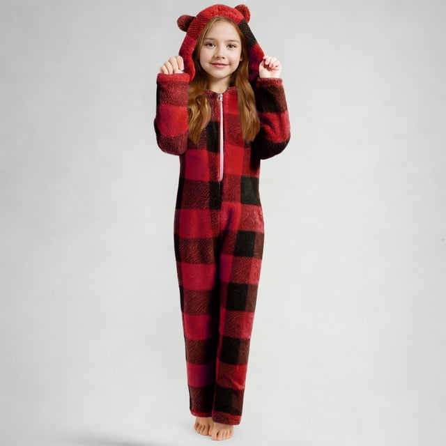 Mono de manga larga con capucha y pantalones largos para niña, a cuadros, informal, cálido, de poliéster, para dormir, para invierno