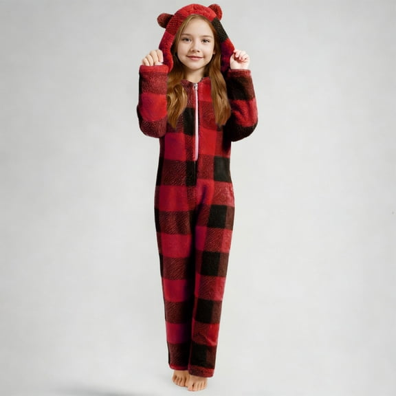 BRGZLK Girls Onesie Fuzzy Sherpa Hooded Long Sleeved One Piece Plaid Romper Loungewear Casual Winter Warm Homewear Red 9-10 Years