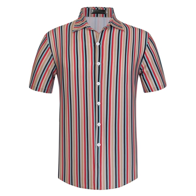 Lars Amadeus Camisa a rayas de verano para hombre Camisas de rayas verticales de bloque de color de playa con botones de manga corta azul caqui M