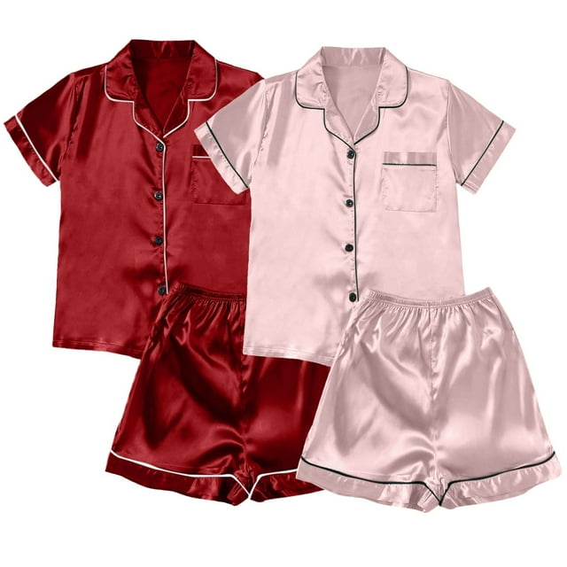 B91xZ Womens Pjs Sets Classic Pullover Long Satin Silk Pajama Set,RD2 L