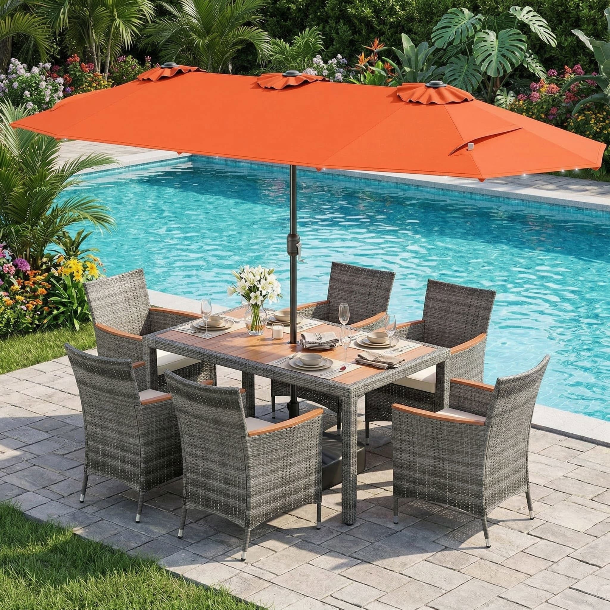 Resenkos 8 Piece Outdoor Wicker Dining Furniture Set, 13.5 FT Double Sided Patio Umbrella with Solar LED Lights for Patio Dining, Orange