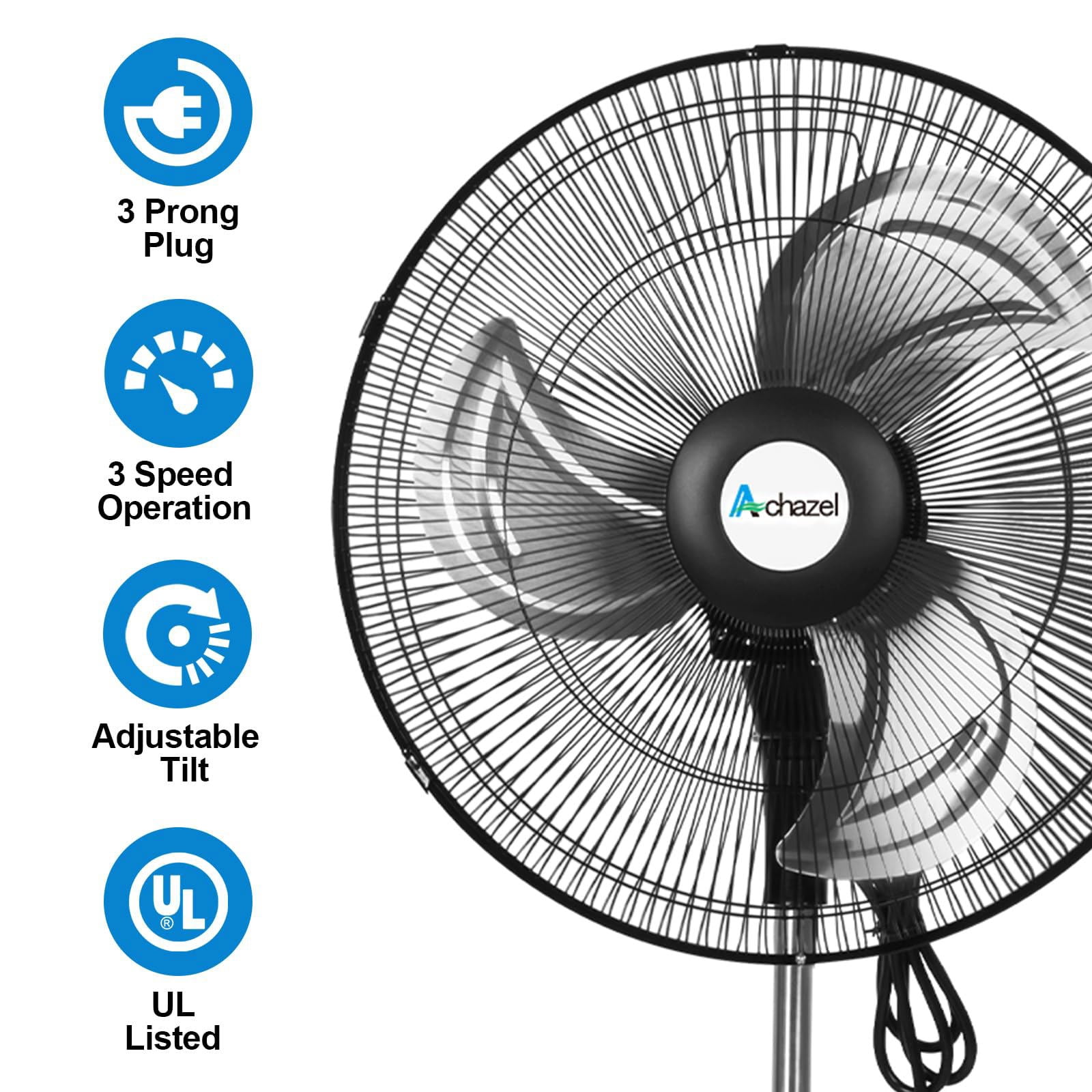 Achazel 18" Oscillating Pedestal Fan, 3 Speeds Heavy Duty Industrial Standing Fan with Aluminum Blades Adjustable Height for Commercial and Garage
