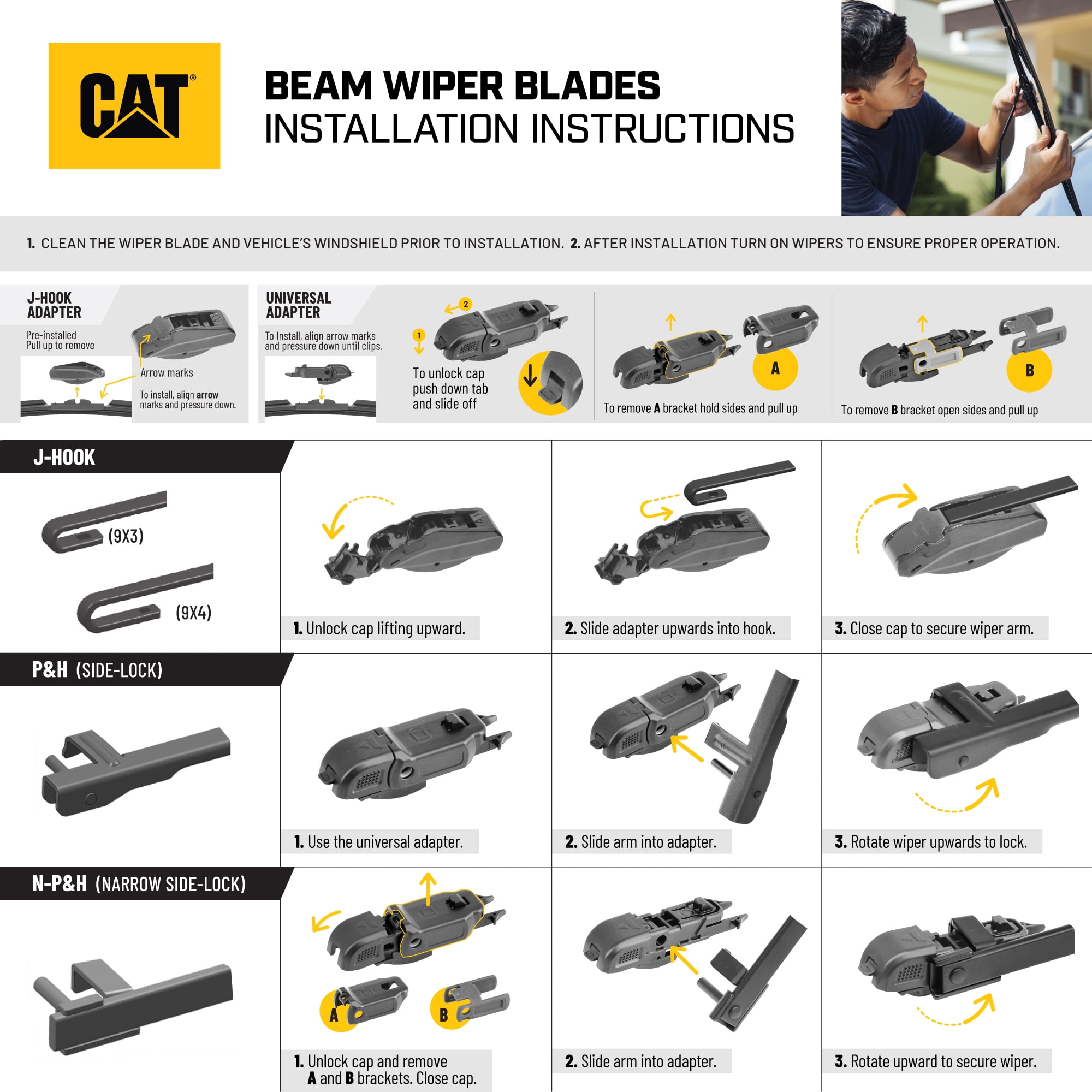 CAT C2.0 Wiper Blades (3-Pack), Front or Rear Wiper Blades for Cars SUVs Trucks, Direct OEM Replacement, Heavy Duty Streak-Free All Seasons Silent Crystal Clear Easy Installation - 22" + 21" + 11"