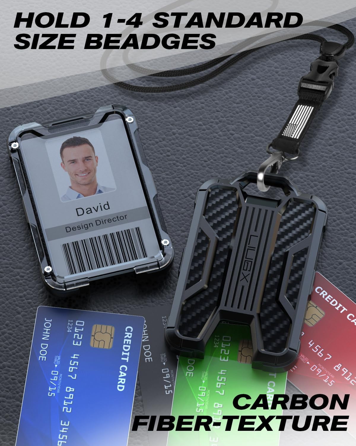 Badge Holder with Heavy Duty Breakaway Lanyard, Carbon Fiber-Texture, Durable ID Card Holder (Holds 6 Cards) with Quick Release Detachable Buckle, Metal Clip, American Flag