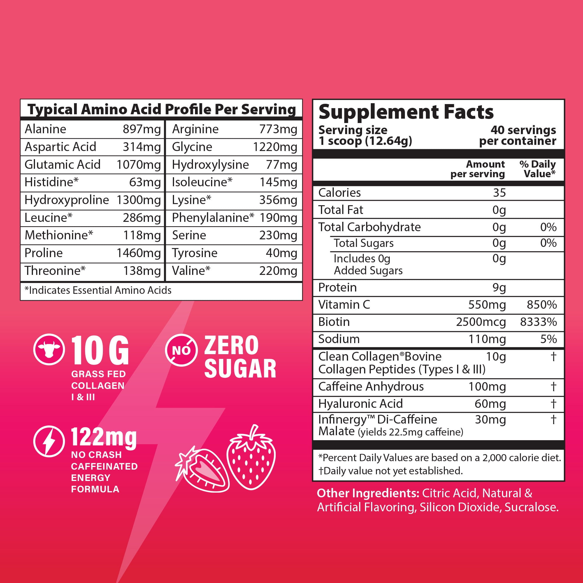 ABOUT YOUR COLLAGEN Peptide Energy Collagen Powder (Bonus Size 40 serv) Hair, Nail, Skin, Type I & III,Caffeine, Vitamin C, Biotin, Hyaluronic Acid, Zero Sugar – 17.84 oz (Strawberry Margarita)