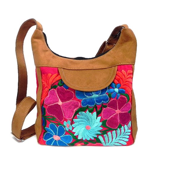 Multicolored Floral Embroidered Tan Vegan Leather Suede Hobo Purse Crossbody Bag - Womens Fashion Handmade Boho Accessories