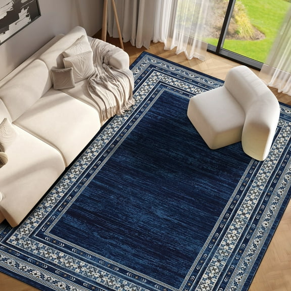 FairOnly 5'x7' Blue Contemporary Bordered Print Area Rugs for Living Room Washable Soft Non Shedding Rugs for Bedroom Indoor Floor Rugs