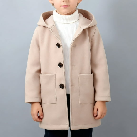 Boys Hooded Trench Coat Winter Pea Coat Warm Overcoat Elegant Notched Collar Jacket with Pocket Solid Color Casual Windbreaker Children's Parka for School Khaki 3-4 Years