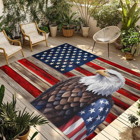 American Flag Outdoor Rug for Patio/Deck/Porch, Non-Slip Large Area Rug 4 x 6 Ft, Vintage Eagle Blue Red USA Flag Indoor Outdoor Rugs Washable Area Rugs, Reversible Camping Rug Carpet Runner