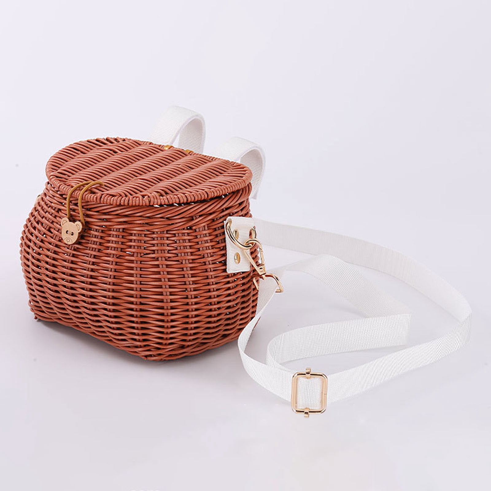 YIGOUMY-19cm PP Woven Bike Basket with Lid, Brown Bear Design Front Basket for Bicycle, Det Storage Basket with Strap for Scooter (Pink)