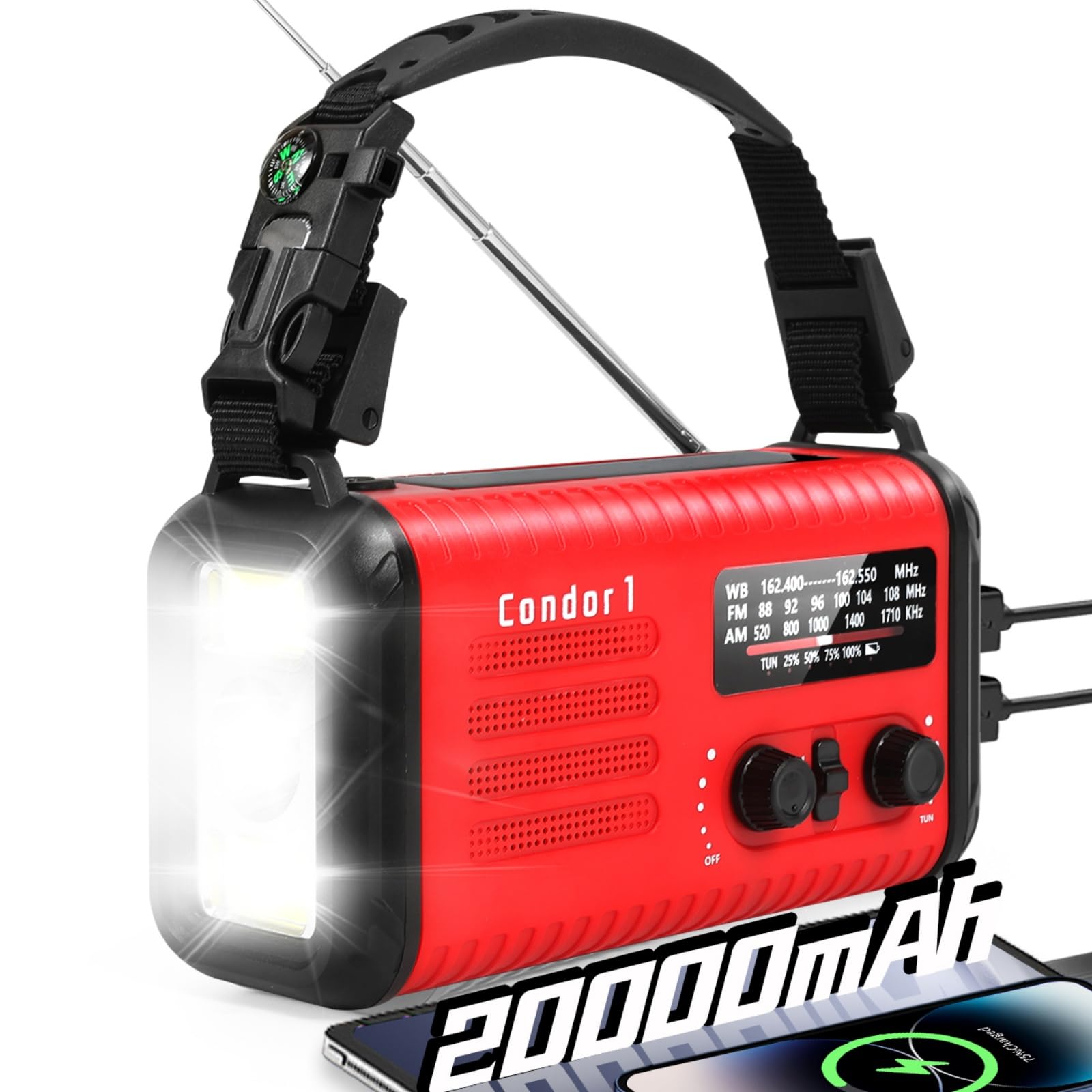 Solar Hand Crank Emergency Radio, 20000mAh NOAA/AM/FM Weather Alert Radio with USB Charger, LED Reading Light, Flashlight & SOS Function