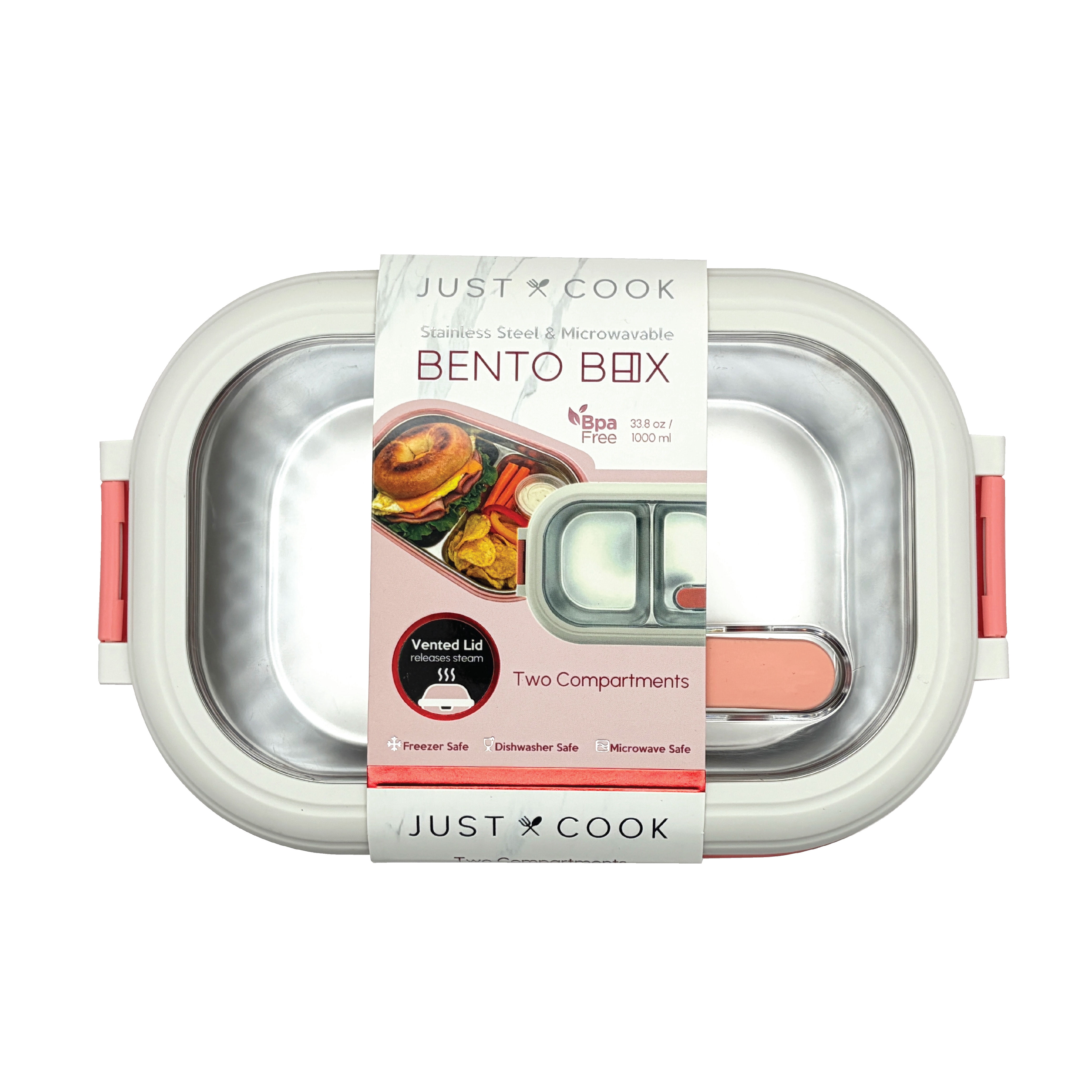 Just Cook Pink 1000 ml Stainless Steel Bento Box with Locktop Lid - Microwave Safe