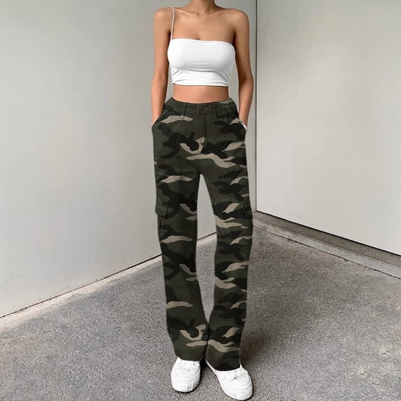 Women's High Waist Cargo Pants Relaxed Fit Straight Leg Casual Combat Trousers with Pockets Green XS