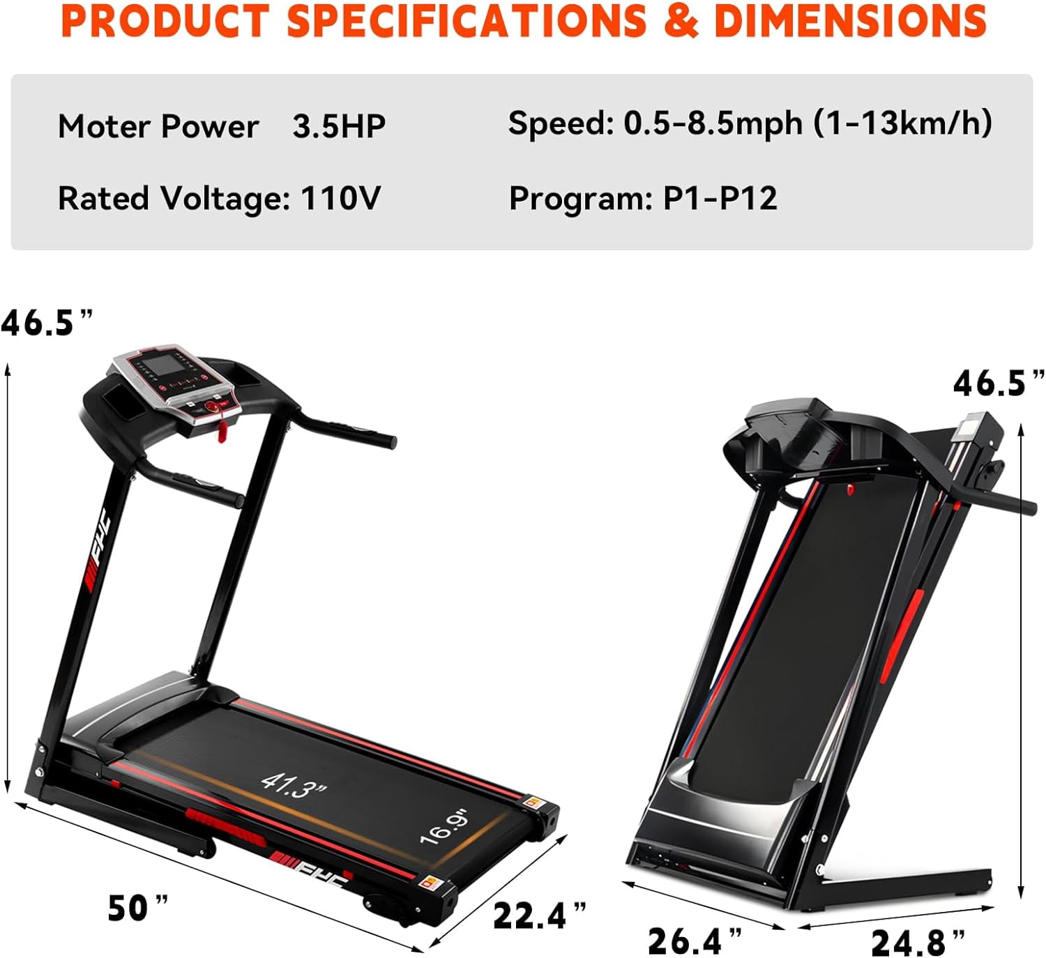 2.5HP Folding Treadmill Portable Running Walking Compact Exercise Machine with 12 Preset Program, LED Display, Easy Assembly for Home