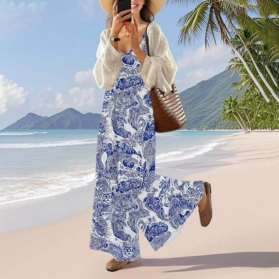 Casual Wide Leg Jumpsuits for Women, Boho Floral Pleated Overalls Rompers, Summer Outfits with Pockets, Printed Button Pocket Long Pants, Limited Time Off