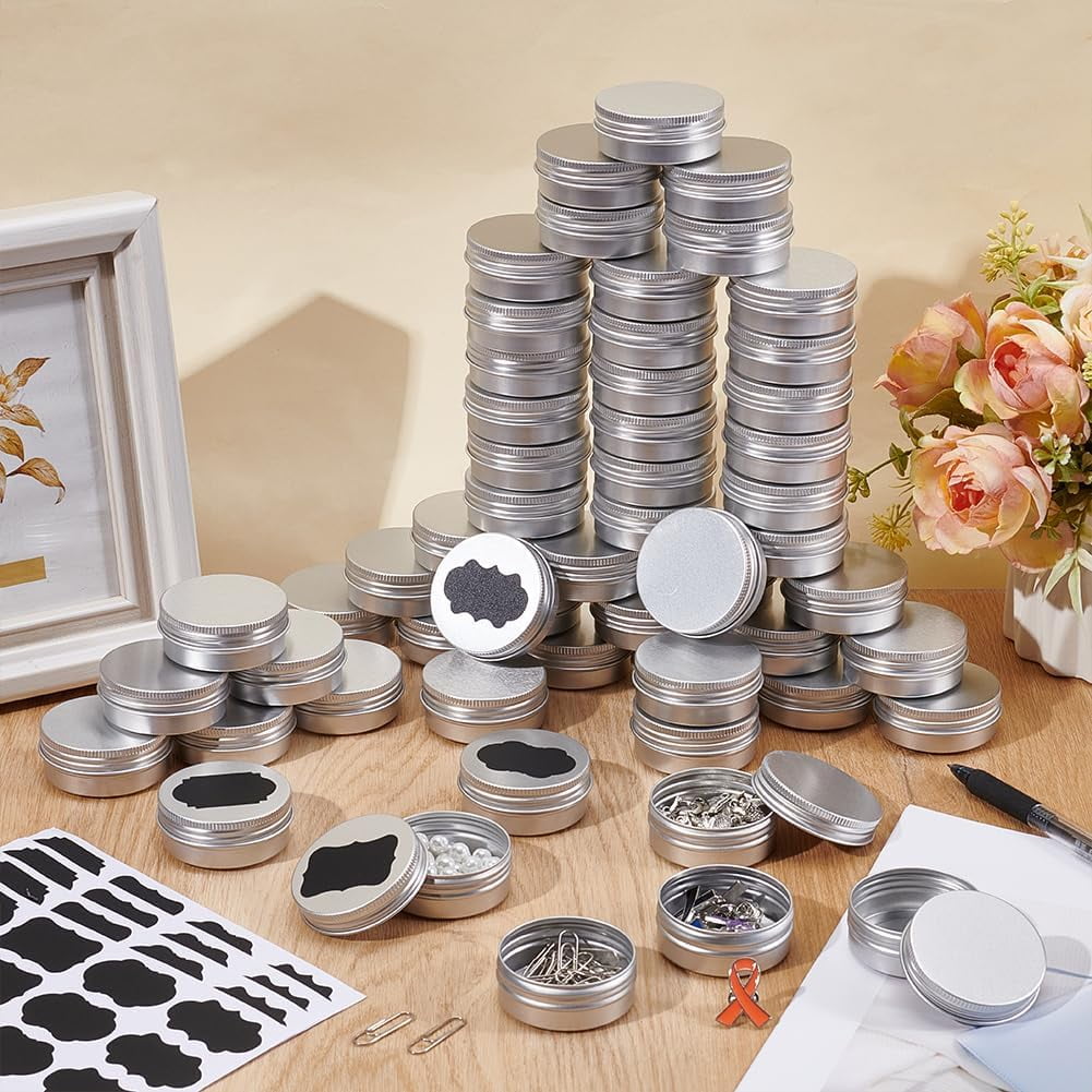 99Pcs Round Tin Cans 1 oz/30ml Aluminum Containers with Screw Lid Small Tins with 5 Sheets Paper Label Travel Cosmetic Containers