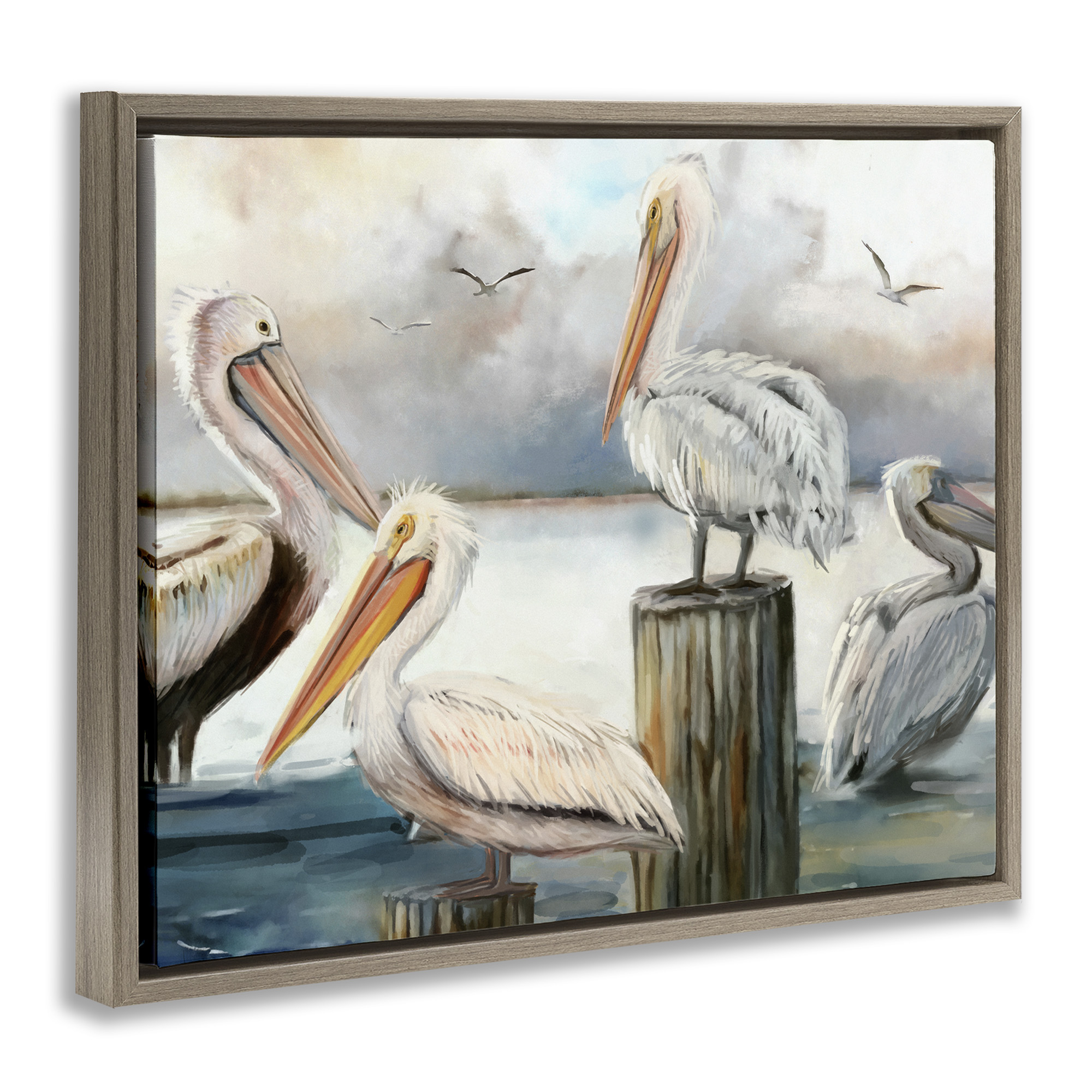 Stupell Industries Pelicans Perched Cloudy Horizon Nature Painting Brown Floater Framed Canvas Art Print Wall Art, 31 x 25
