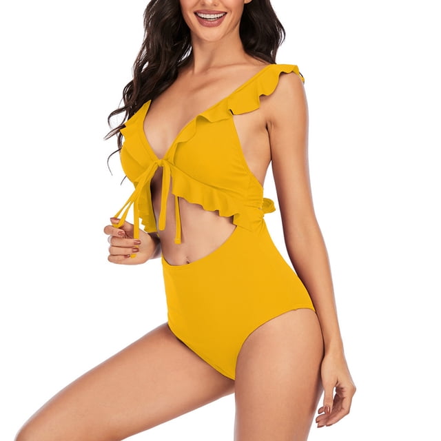Trajes de baño de una pieza para mujer, bikinis sin espalda con volantes y frenillo ajustables a la moda de color sólido para mujer, traje de baño para mujer