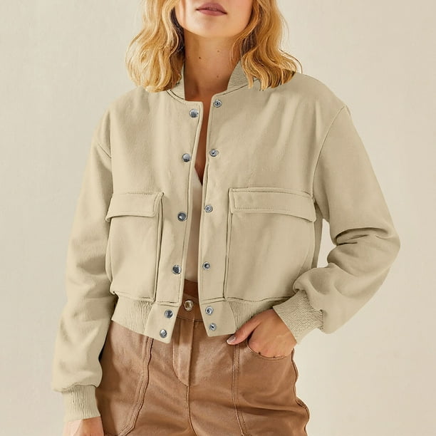 HongQid Women's Bomber Jackets Winter Trendy Varsity Jackets Shackets Button Down Cropped Coats with Pockets