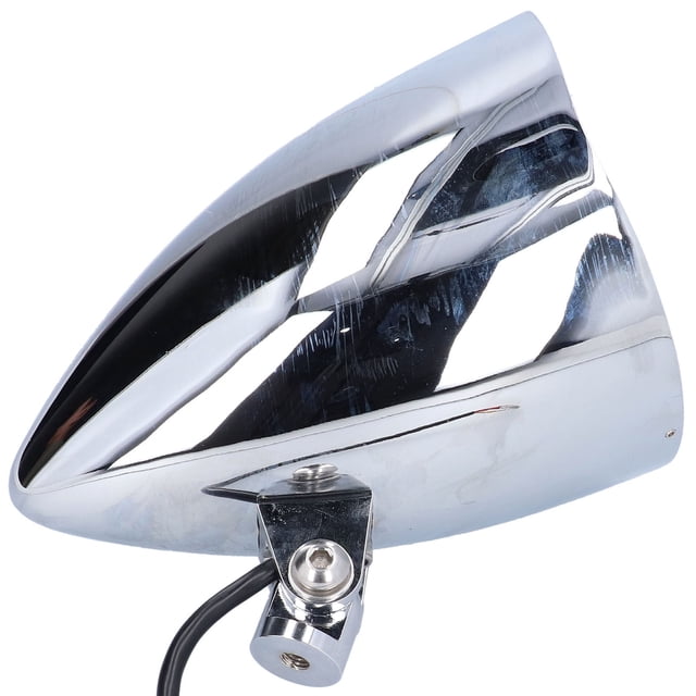 luz de motocicleta, faro retro de motocicleta de 12v, faro de motocicleta, faro en v, innovación moderna. Faro delantero cromado en forma de V con carcasa de aluminio y lente transparente, vista 3/4 que muestra el soporte de montaje con orificio de aprox. 10 mm y cableado de 3 hilos (negro = tierra, rojo = luz de carretera, amarillo = luz de cruce). Fuente LED y bombilla H4 55/60W, 12 V, haz alto/bajo en luz blanca; estilo retro moderno, también adecuado para personalizar refacciones de moto.