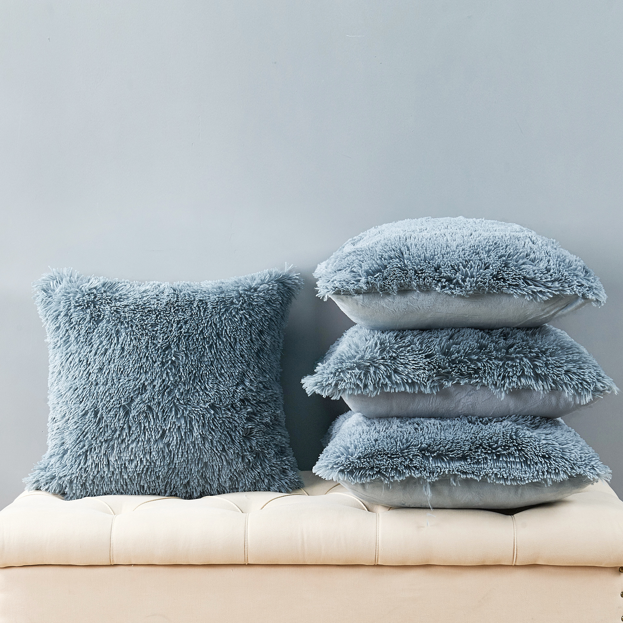Home Soft Things Luxury Shaggy Faux Fur Throw Pillow Cases, Ultra Soft Plush Pillow Covers Fluffy Decorative Cushion Covers, No Pillow Insert, Set of 4, Silver Blue, 20x20 Inch
