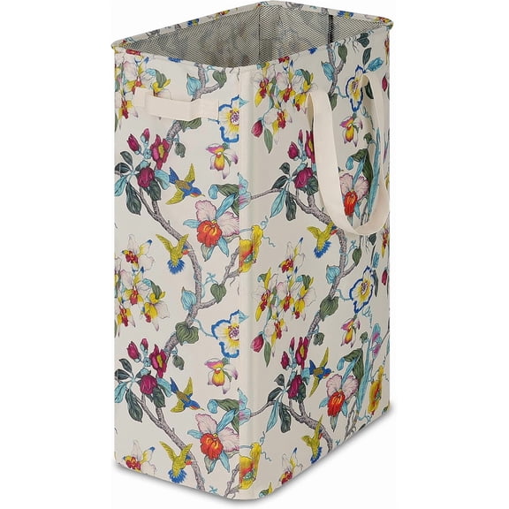 MORAVE Narrow Slim Tall Laundry Basket 75L/19.8 Gallon, Floral Collapsible Hamper with Handles for Bedroom Dorm Laundry Room