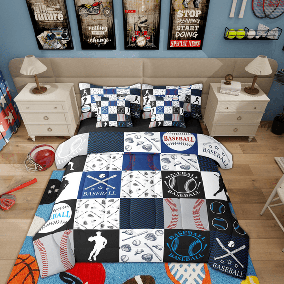 Manfei Modern Baseball Teens Twin Bedding Sets 7-Piece, Ball Sports Lover Bedding Comforter Set, Cartoon Patchwork Reversible Sheet Sets, Ultra Soft Home Decor