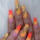 thumbnail image 1 of IMSOHOT Uñas postizas de punta francesa de ataúd de prensa larga, uñas postizas degradadas de color amarillo y naranja con diseños de lámina dorada, pegamento transparente brillante en las uñas, 1 of 5