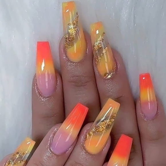 IMSOHOT Uñas postizas de punta francesa de ataúd de prensa larga, uñas postizas degradadas de color amarillo y naranja con diseños de lámina dorada, pegamento transparente brillante en las uñas