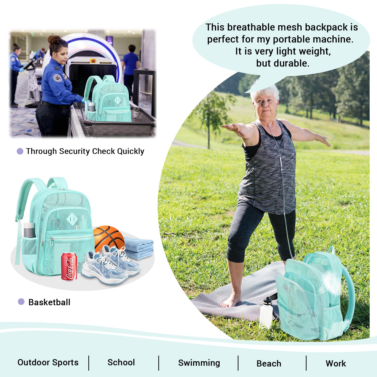 Soda Candy Mesh Backpack Heavy Duty See Through School Backpacks Transparent Bookbag Semi-Transparent Net Book Bags for Swimming, Beach, Sports, Work, Travel, Green