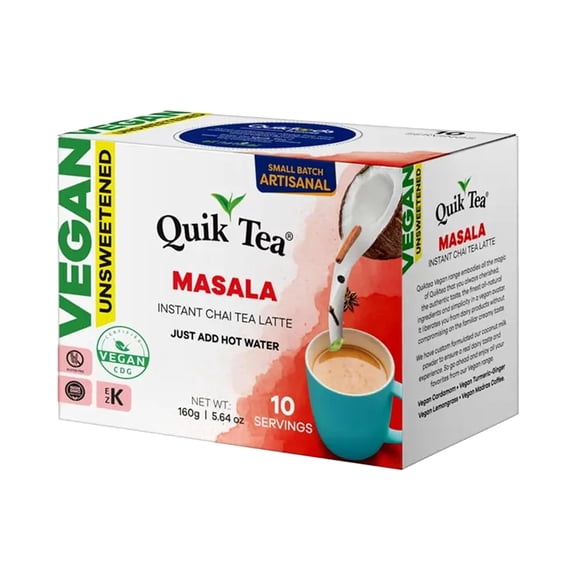 QuikTea Unsweetened Vegan Instant Masala Chai Tea Latte, 10 Single-Serve Sachets, Authentic Indian Chai Made with Coconut Milk Powder, Plant-Based Chai Latte Mix, Just Add Hot Water, Non-GMO, Gluten