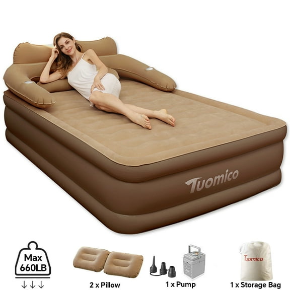 SLLINGLUO 18" Inflatable Airbed with Built-in Pump, Queen Air Mattress for Home Travel Camping, Coffee