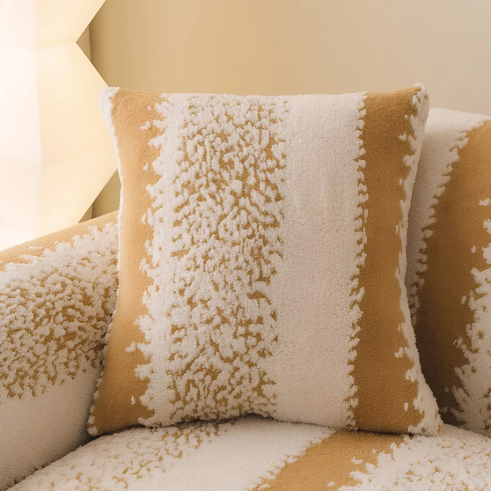 TOPCHANCES Stretch Stripe Sofa Covers, Soft Cotton Blend Velvet Fabric Armchair Loveseat Sofa Slipcover, Non-slip Couch Protector Settee Cover, Friendly to Pets (4-Seater Sofa Cover, Stripe Khaki)