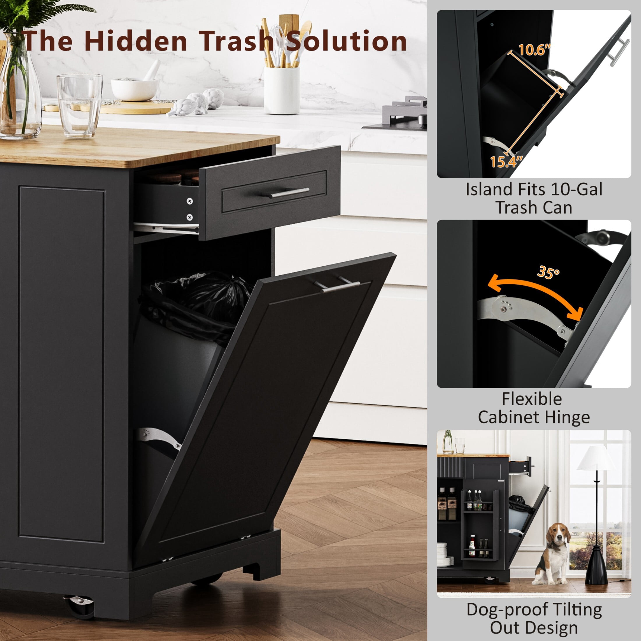 DEALTOPS 47.2'' Kitchen Island With Trash Can and Power Outlet, Rolling Kitchen Storage Cart with Open Shelves, Black