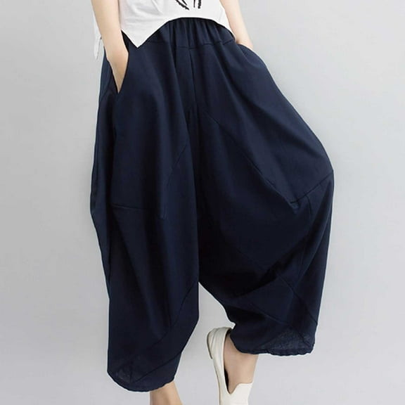 up to 60% off Gifts Usmixi Womens Elastic Waist Pants Summer Lightweight Cotton Linen Loose Wide Leg Trousers Casual Solid Straight Long Pants with Pocket Navy Free Size