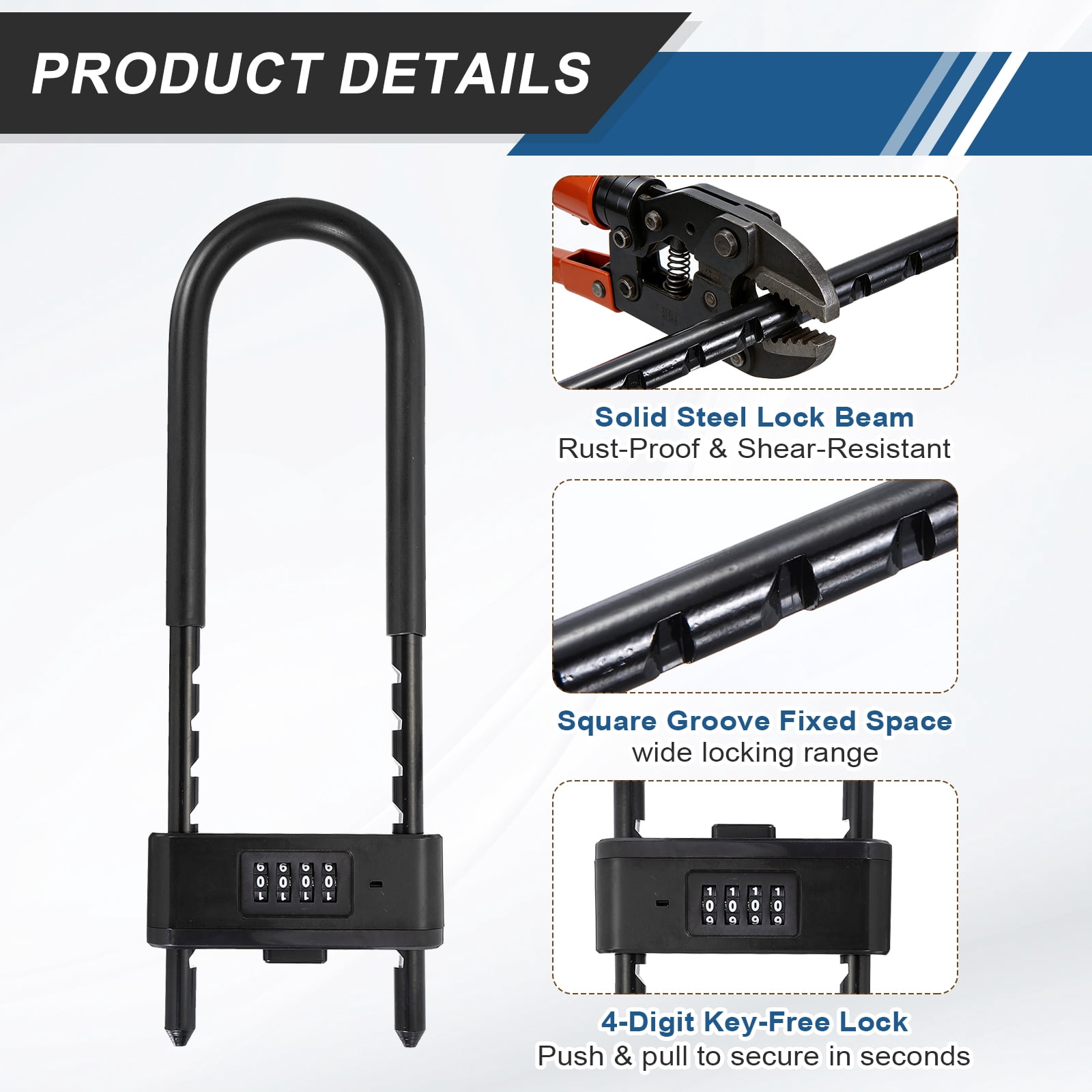 Uxcell 4 Digit Combination Padlock, Long Shackle Padlock - [6.42" - 10.24", Black], U-Shape Adjustable Shackle Lock for Bicycles Electric Bikes Mountain Bikes Glass Doors Gates
