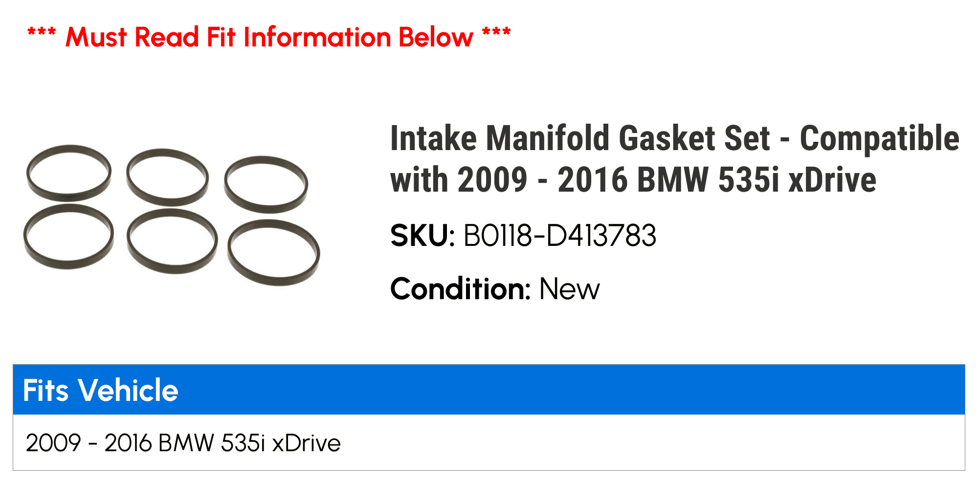 Intake Manifold Gasket Set - Compatible with 2009 - 2016 BMW 535i xDrive 2010 2011 2012 2013 2014 2015