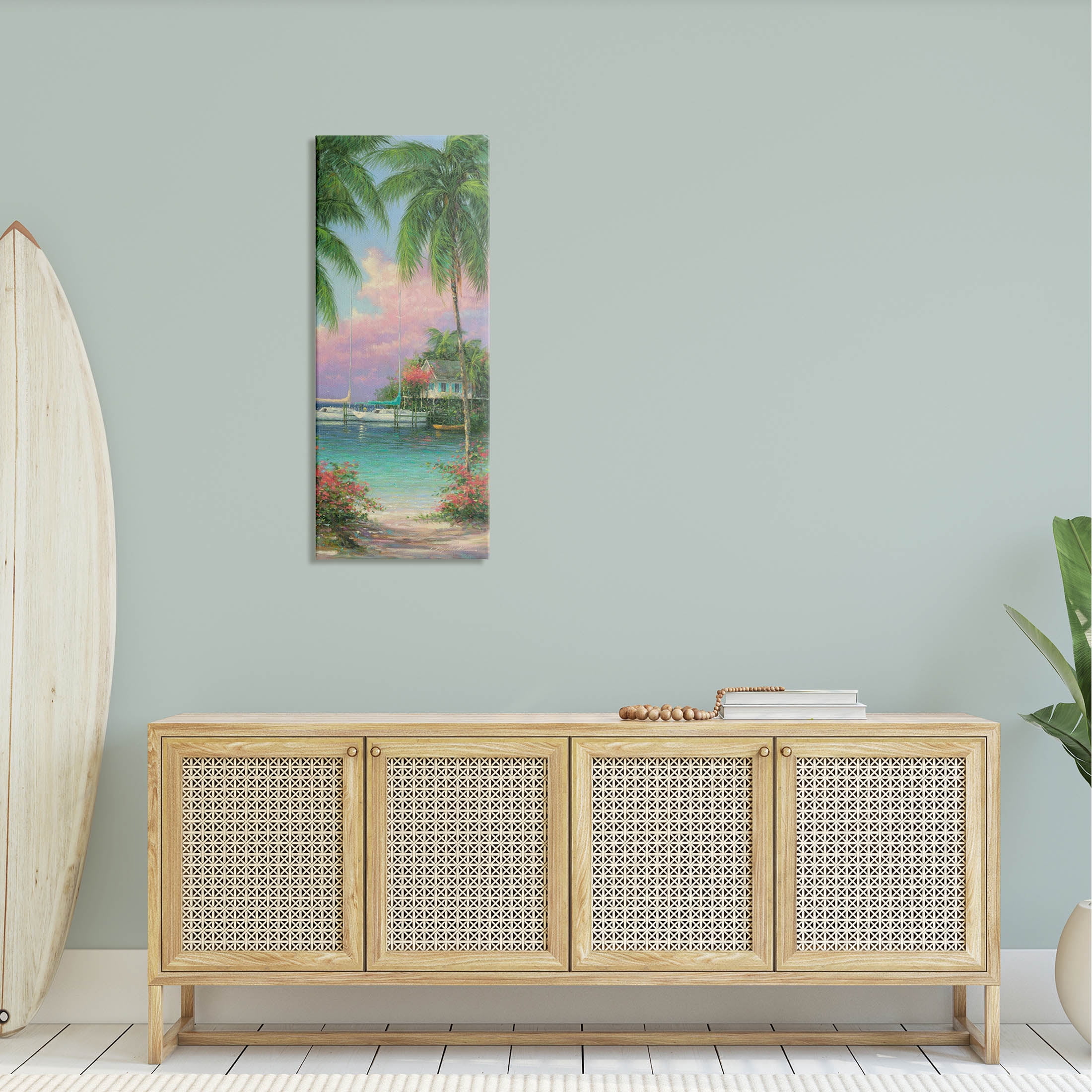 Tropical Beach Palms Docked Boats Coastal Painting Gallery Wrapped Canvas Print Wall Art