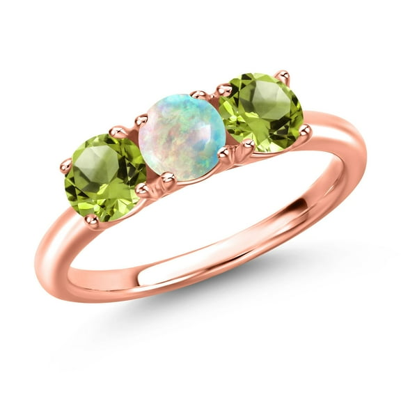 Gem Stone King 18K Rose Gold Plated Silver Simulated White Opal and Green Peridot Engagement Ring for Women | 1.60 Cttw | Round Cabochon 5MM | Gemstone October Birthstone | Size 9