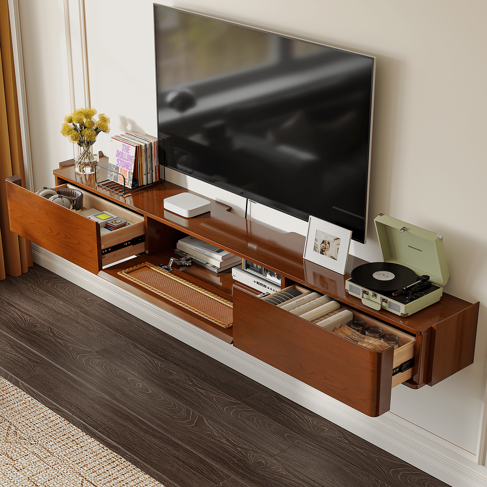 FloatiCasa 47" Fully Assembled Floating TV Stand Wall Mounted Floating Media Console with 2 Drawers and Rattan Door High Gloss Real Wood Veneer Entertainment Center for TVs up to 50"